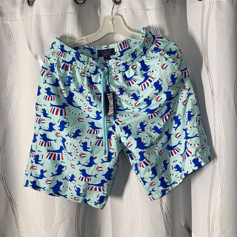 Vilebrequin Men’s Swim Trunks Size M Light Blue Graphic Print Drawstring